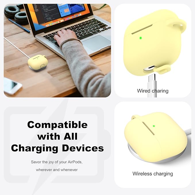 R-fun Compatible with AirPod 3 Case Cover, Silicone Protective Accessories Skin with Keychain Compatible with Apple AirPod 3rd Generation 2021 for Women Men Girls Boys,Front LED Visible,Cream Yellow