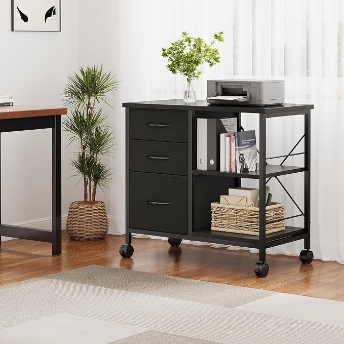 DUMOS 3 Drawer Mobile File Cabinet, Space Saving Rolling Printer Stand | Freestanding Fabric Lateral Filing Cabinet Fits A4/Letter Size, Printer Cart with Open Storage Shelf for Home Office, Black