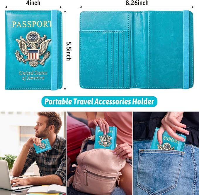 Passport Holder for Travel Men, RFID Blocking Passport Wallet Cover Case, Waterproof Leather Travel Wallet for Men Women, Document Protector for Traveling Accessories-Lake Blue