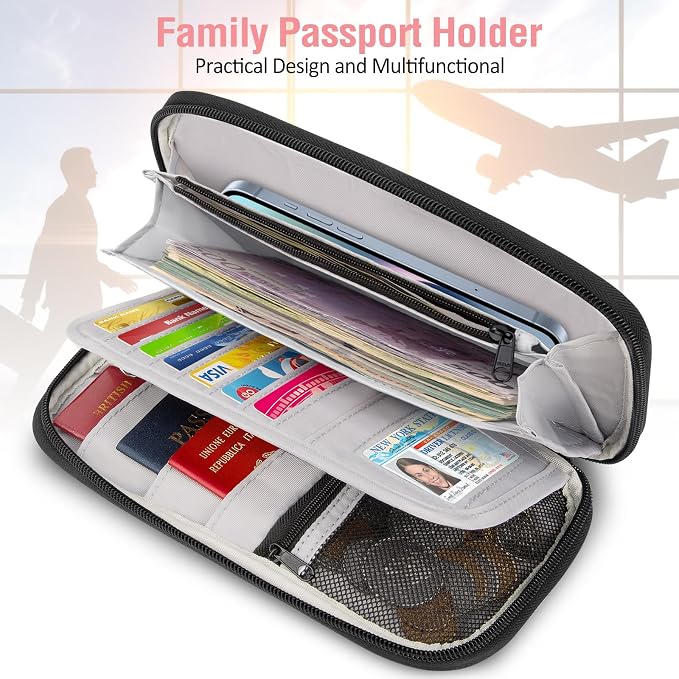 BKNOOU Family Passport Holder RFID Blocking Travel Document Organizer | Large Capacity (5 passports+13 cards), RFID Blocking, Air Travel Essentials, Detachable Wrist Strap and Shoulder Strap