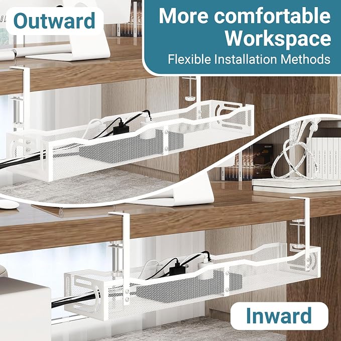 No Drill Under Desk Cable Management Tray, SONATURE 25.3" Cord Organizer for Table, Clamp Mount Desk Cable Management, Premium Carbon Steel Cable Organizer for Office, Home (White)