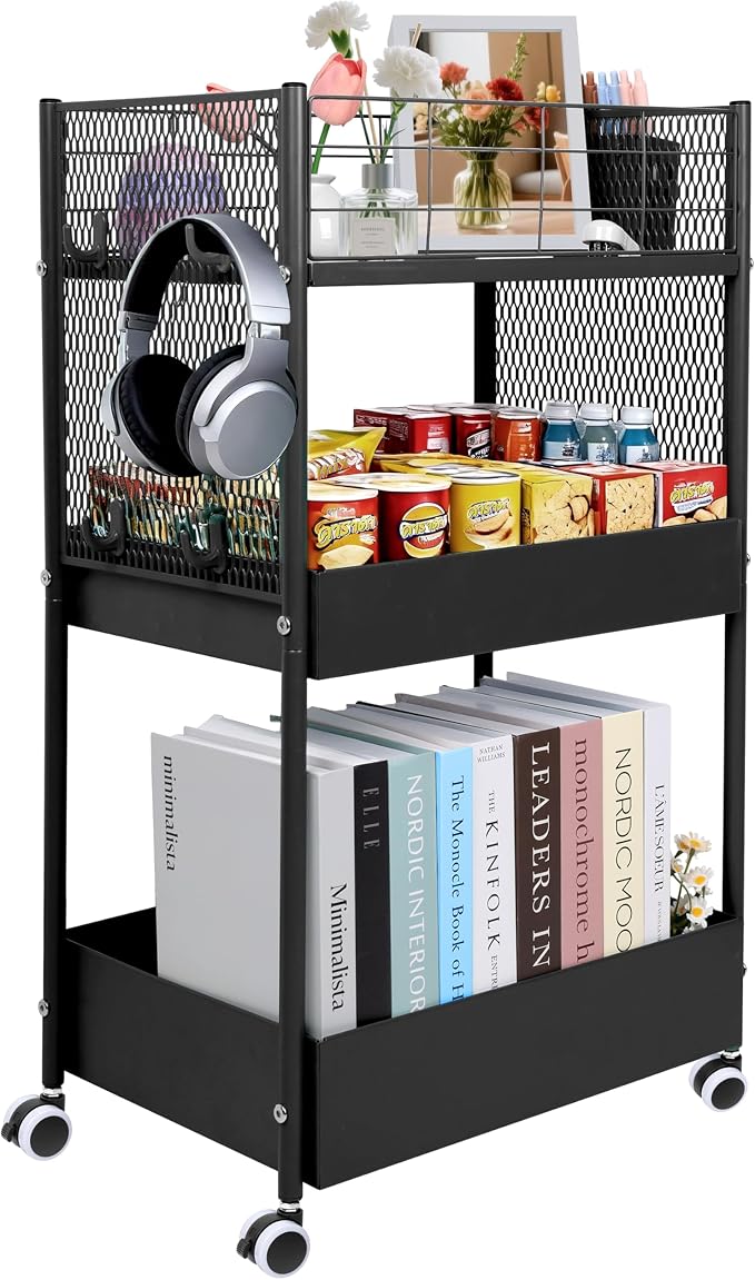 3 Tier Rolling Storage Cart Metal Utility Cart with Wheels | Office Organizer with Hooks & Hanging Cups, Mobile Shelving Unit for Kitchen Nursery Craft Snack Book