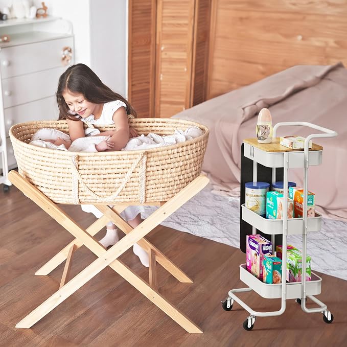 DTK 3-Tier Rolling Cart with Table Top, Metal Utility Cart with Side Bags | Tray Storage Organizer, Lockable Wheels, 4 Hooks, Art Cart for Kitchen, Bathroom, Office, Craft room, Living room, White