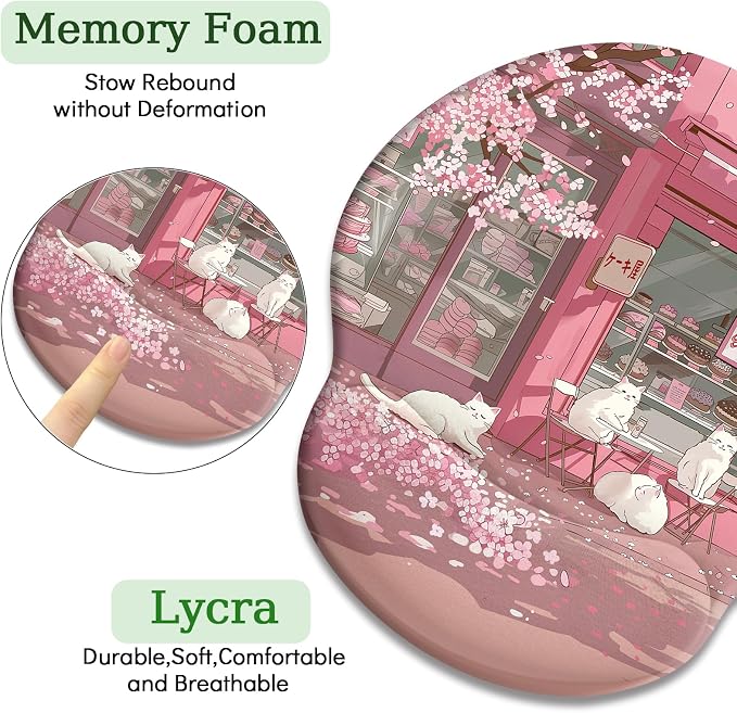 LIMKRIAN Cat Ergonomic Mouse Pad with Wrist Rest, Pink Cherry Blossom Computer Mouse Pad Wrist Support with Non-Slip Pain Relief PU Base, Cute Office Desk Decor Accessories Japanese Dessert House