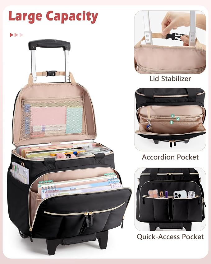 Marscamd Rolling Teacher Bag with Accordion File Organizer for Work | 15.6" Laptop Compartment, Detachable Trolley & Crossbody Strap, Womens Briefcase Tote with Wheels (Black)