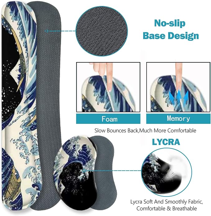 ToLuLu Extended Gaming Mouse Pad, Ergonomic Keyboard Mouse Wrist Rest Set | Large Desk Mat with Stitched Edges, Memory Foam Support Non-Slip Base Mousepad for Home Office Game Study, Wave of Kanagawa