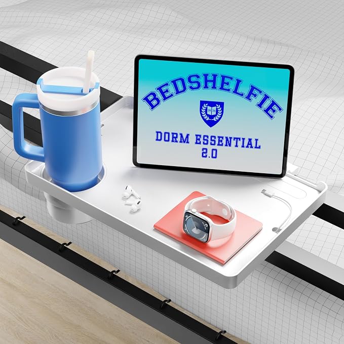 BedShelfie Bedside Shelf for Dorm Room - Dorm Essential 2.0, White | Bunk Bed & Top Bunk, College Dorm Room Essentials, Bedside Caddy, Clip on Floating Tray, Bed Side Table, Loft Nightstand
