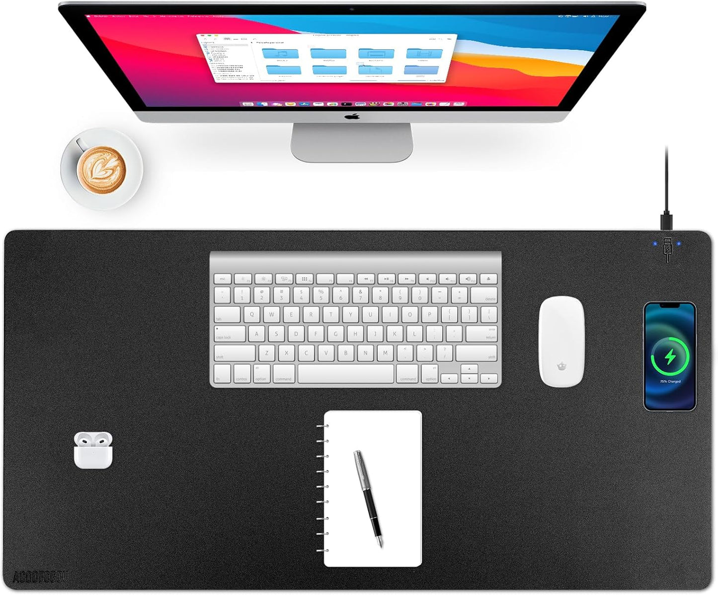 Wireless Charging Desk Mat with Desk Pad for Desktop Charging Large Mouse Pad Waterproof Leather Computer Mat Mouse Pad Non-Slip Protector on Top of Desks for Keyboard and Mouse (black-r, 32*16inch)