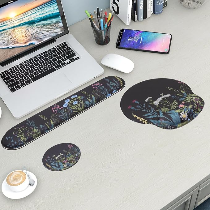 Mouse Pad and Keyboard Wrist Rest Support,Ergonomic Mouse Pad Set | Mousepad With Coaster and Non-Slip PU Base,Pain Relief for Desk Desktop Gaming, Computer,Office -Beach