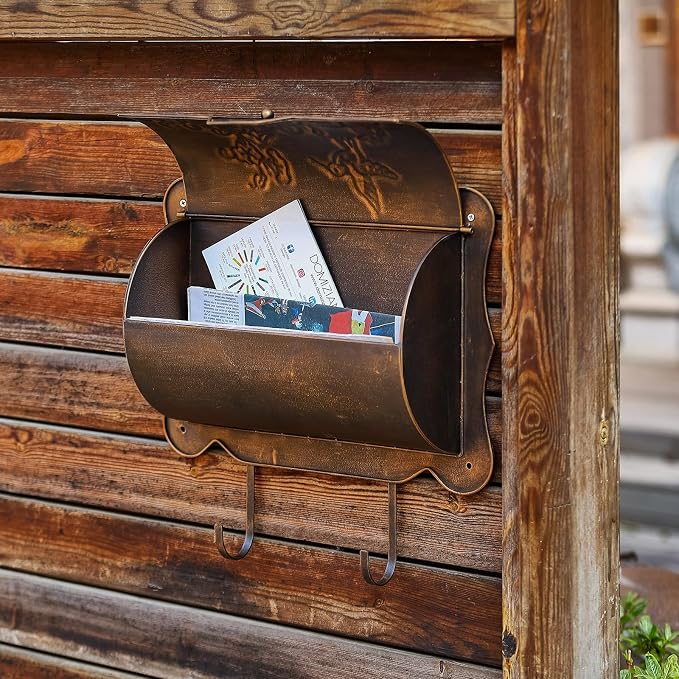 Wall Mount Mailbox with Newspaper Holder, Metal Wall Mailboxes for Outside, Vintage Decorative Front Porch Mail Box Wall Mounted, Horizontal Outdoor Mailbox with Hummingbird Accent, 17" x 5" x 17"