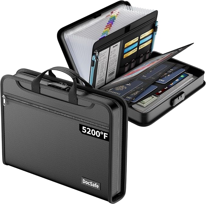 DocSafe 5200°F Accordion File Organizer with Lock,Fireproof Water Resistant Expanding File Folder with Multi Pockets,Document Organizer Home Office Travel Safe Storage for Letter Size Files,Black