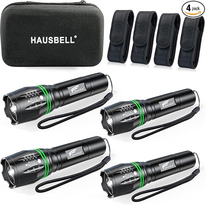 HAUSBELL T8 A100 2000 Lumen Flashlight 4 Pack with Glow-in-Dark Ring, Heavy-Duty Aluminum Tactical Flashlights High Lumens, 5 Modes Zoomable Waterproof LED for Emergency Camping Hiking Home Use