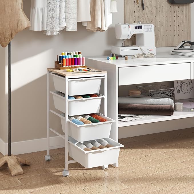 Giantex Rolling Storage Cart with 4 Drawers, Utility Cart w/Wooden Tabletop, Lockable Wheels, Multipurpose Organizer for Art Craft Scrapbook Paper, Drawer Carts for Dorm Classroom Office, White