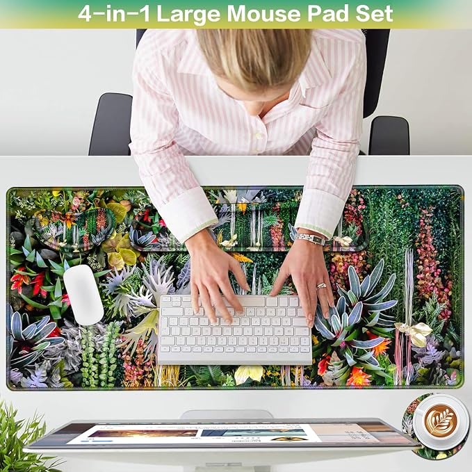 Desk Mat Floral, Large Gaming Mouse Pad with Wrist Rest 4in1 XXL | Mousepad+Keyboard Wrist Rest+Mouse Pad Wrist Support+Cup Coaster Set Ergonomic Computer Desk Arm Wrist for Decor Office Women