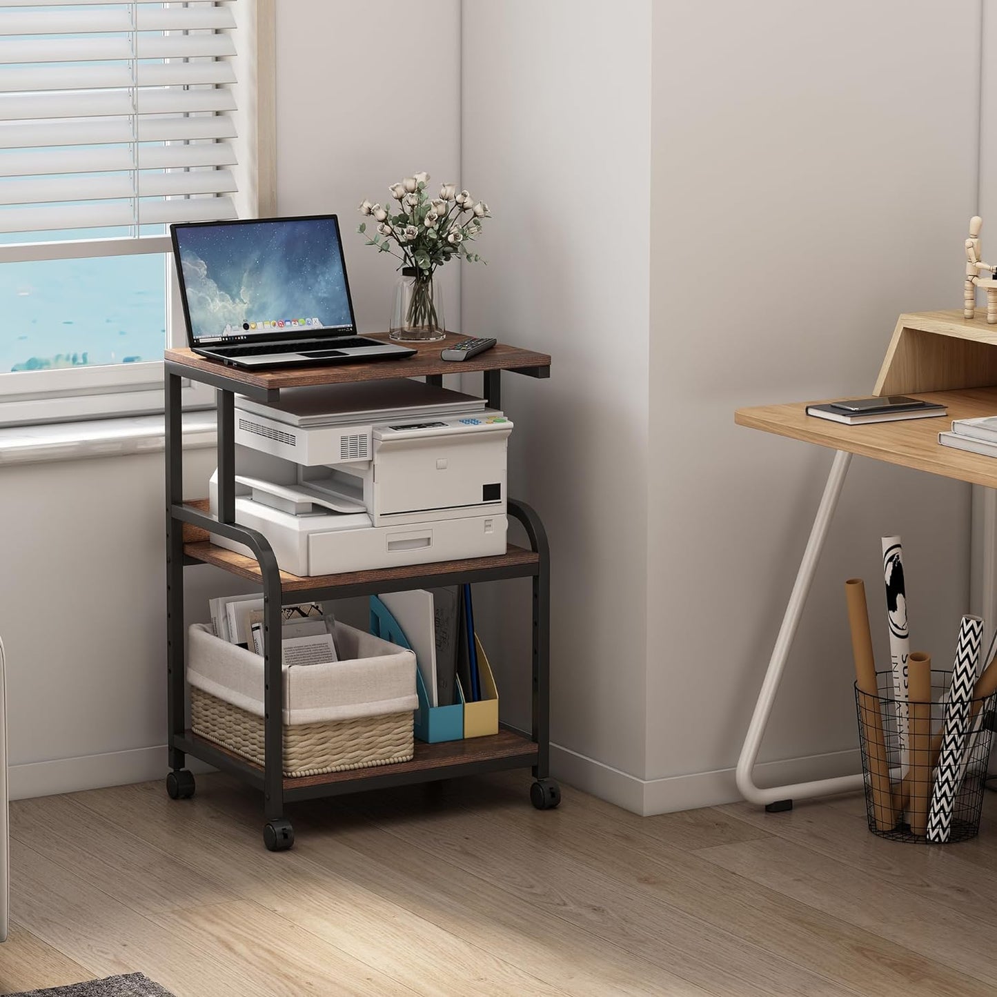 Printer Table Stand with Height Adjustable Shelf, 3 Tier Rolling Printer Cart with Wheels for Home Office Storage and Organization, Industrial Style