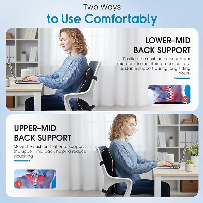 RUKHS Lumbar Pillow, Back Support for Office Chair and Car, Memory Foam | lumbar support for car, back support pillow for office chair, dual adjustable straps, breathable mesh, supports up to 300 lbs