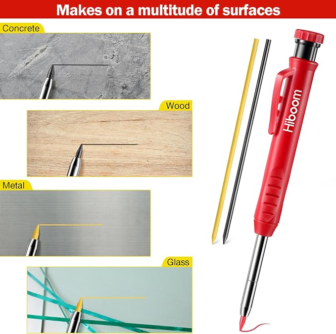 Hiboom Mechanical Carpenter Pencil with 7 Leads, Deep Hole Marker, Red | Built-In Sharpener, Long Nose Construction Pencil, Pocket Clip Design, Woodworking Tools, Marks on Various Surfaces