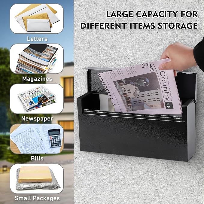 KYODOLED Wall-Mount Mailbox, Large Capacity Mail Box, Mailboxes for Outside, Galvanized Steel Rust-Proof Metal Post Box, 14.56" x7" x4.13" Black