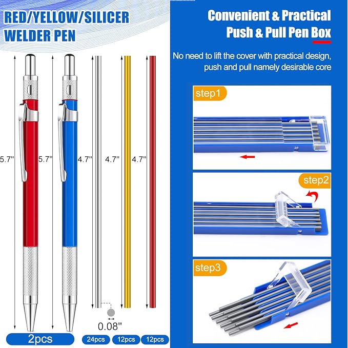 Gersoniel 2 Pcs Welders Pencil with 48 PCS Round Refills Mechanical Pencils Metal Welding Marker for Tube Pipe Fitter Welder Steel Construction Woodworking (Red, Silver, Yellow)