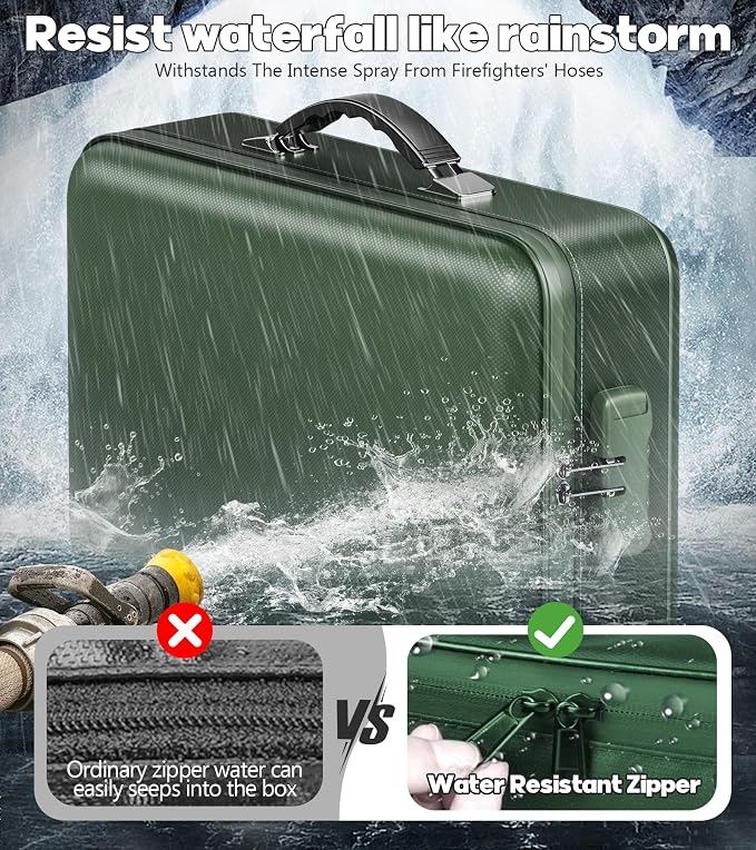 Fireproof Document Box, Hard Case Highly Flame-Resistant Fire Proof Waterproof File Organizer with Lock, Portable Fire Safe for Important Documents & Valuables Storage (Green, ‎16"*12"*5")