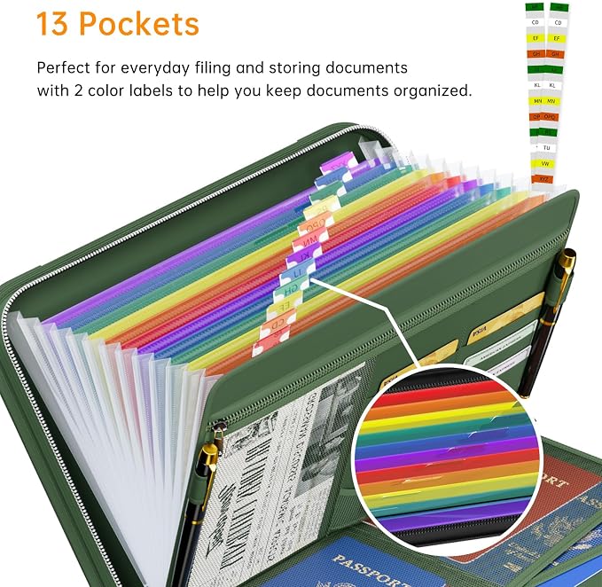 Tamfile Fireproof Accordion File Organizer, Expanding File Folder, Green | 13 Pocket Colorful, Handle, Zipper & Labels, Multi-Pockets Paper Organizer, for Letter A4 Files, Home, Office, School