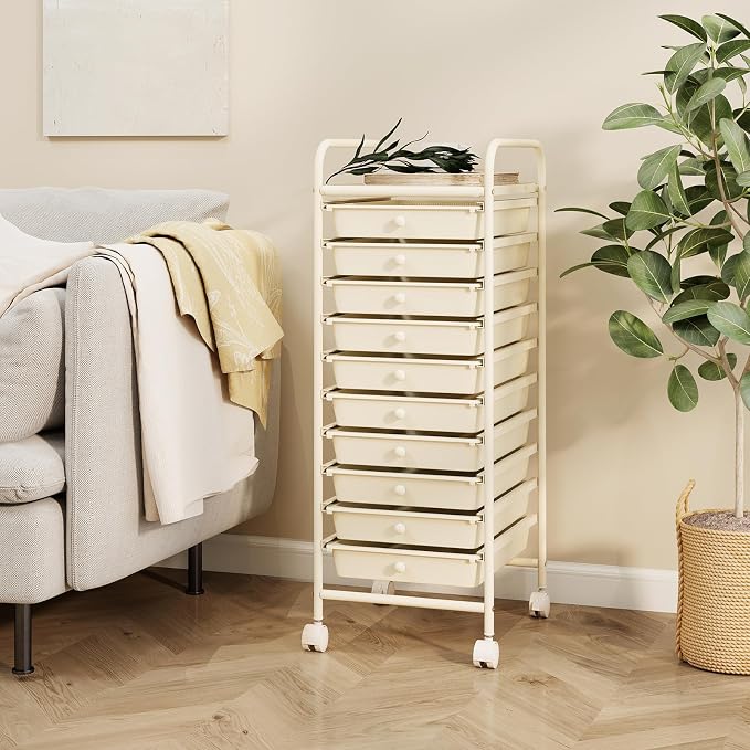 GLACER 10 Drawers Rolling Cart, Storage Cart with w/Removable Drawers & Steel Frame, Utility Mobile Trolley w/Universal Casters & 2 Brakes, Organizer Cart for Home, School, Office (Ivory)