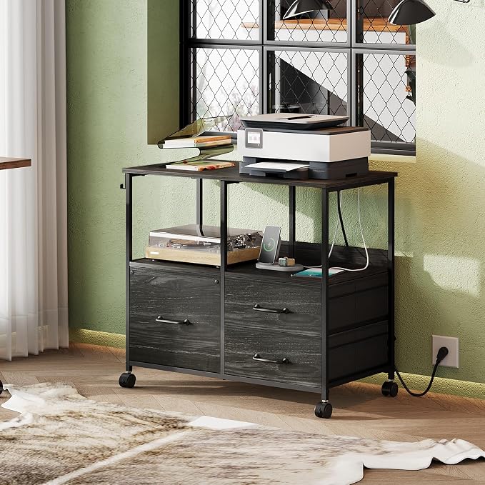 DEVAISE 3 Drawer Mobile File Cabinet with Storage Shelf, Charging Station | Fabric Lateral Filing Cabinet fits A4 or Letter Size, Adjustable Shelf for Home Office, Charcoal Black Wood Grain Print