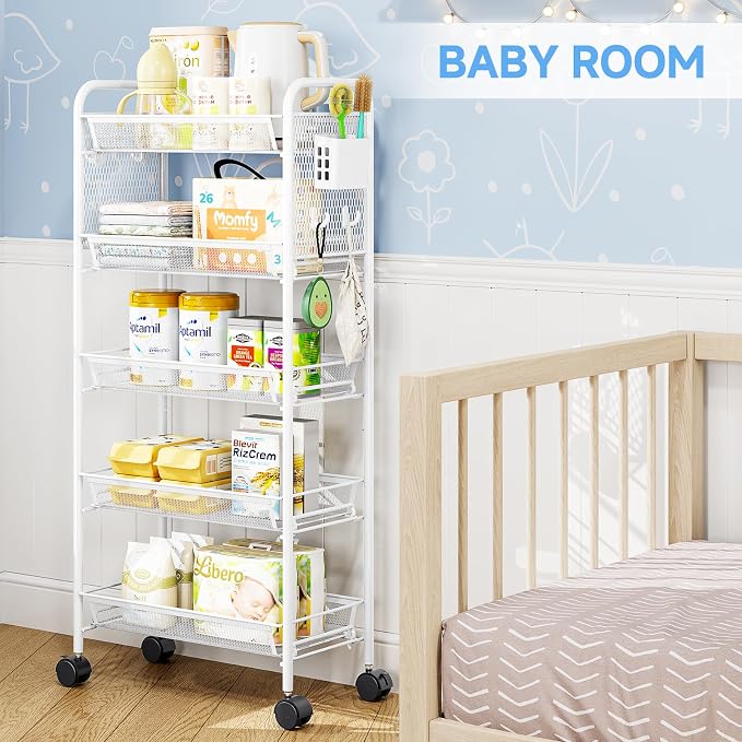 KINGRACK 5 Tier Rolling Cart, Metal Utility Storage Cart with Pegboard | Screwless Assembly, Lockable Wheels, 4 Hooks & 1 Bin, Mobile Organizer for Bathroom Kitchen Office Craft Room Laundry, White