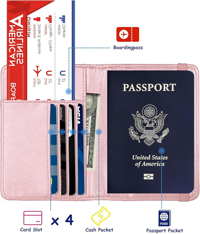 TOURSUIT RFID Blocking Passport Holder, Leather Travel Wallet, Rose Gold | Travel Document Holder Cover Accessories, 3D Metal Badge, For Women Men