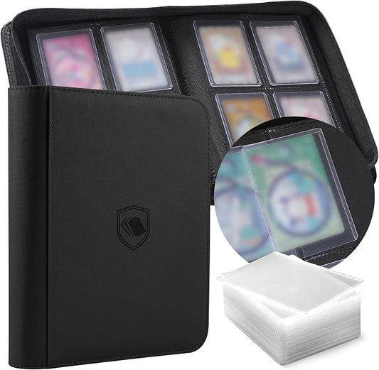 Toploader Binder, Holds 160 Toploaders, 100 Toploaders INCLUDED, 4-Pocket PU Cover Top Loader Binder for 3" x 4" Rigid Toploader, Ringless Double-Sided Toploader Card Binder for TCG, Sport Cards