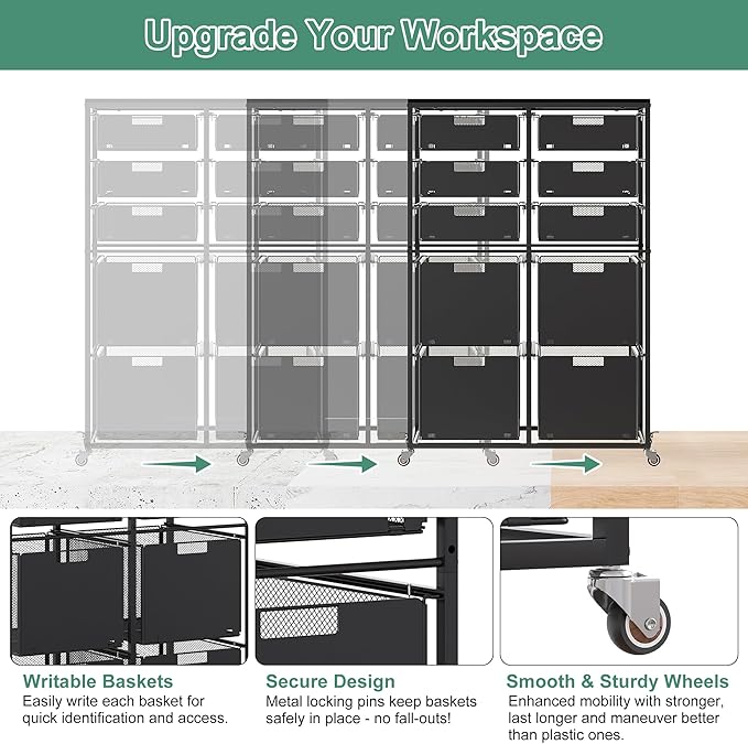 EasyPAG Rolling Storage Cart With 10 Drawers, Metal Craft Organizers with Wood Tabletop for Home, Letter/Legal Size Rolling File Cart for Office, Classroo and Dorm, Black