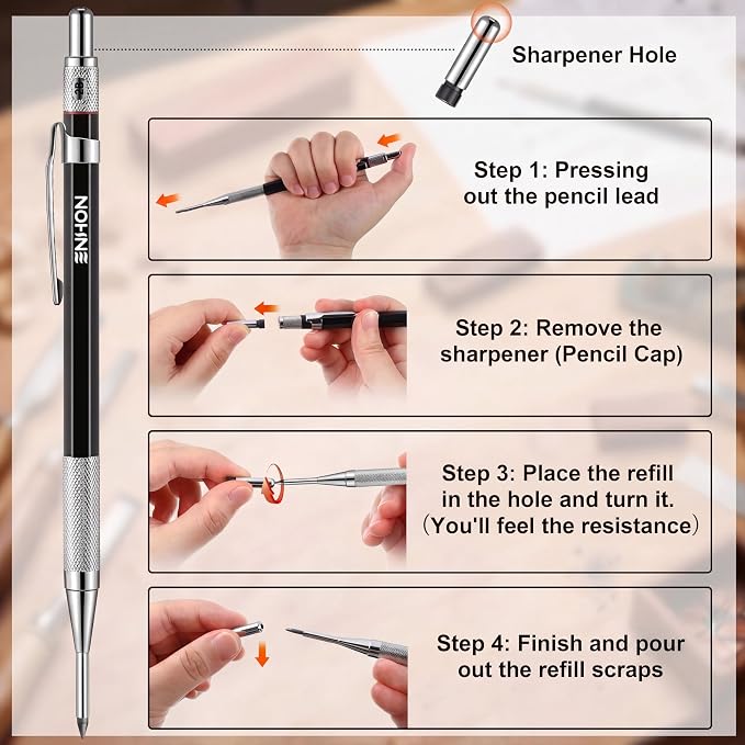 Enhon 2mm Carpenter Pencil Set with 12 Refills and Sharpener, Black | Woodworking Marking Tool Solid Deep Hole Construction Mechanical Pencil, Extended Needle-Nose Tip for Use in Jobs