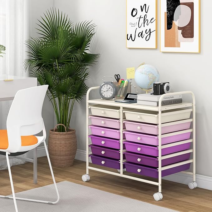 COSTWAY 12-Drawer Rolling Storage Cart, Utility Storage Organizer Cart | For Tools, Scrapbook, Paper, Craft, Multipurpose Art Supply on Wheels for Home Office School, Teacher, Purple Gradient