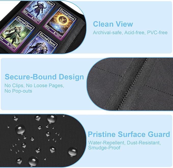 BYSTER 4 Pocket Card Binder, Premium PU Trading Card Binder with Zipper, 160 Capacity Side-Loading Binder for TCG, MTG, Sports Cards, Game Cards, Black