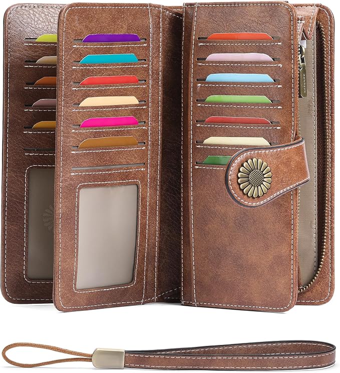 SENDEFN Wallets for Women Leather Credit Card Holder with RFID Blocking Large Capacity Wristlet | with RFID Blocking