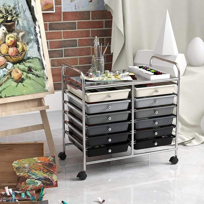 COSTWAY 12-Drawer Rolling Storage Cart, Utility Storage Organizer Cart | For Tools, Scrapbook, Paper, Craft, Multipurpose Art Supply Organizer on Wheels for Home Office School, Teacher, Mixed Black