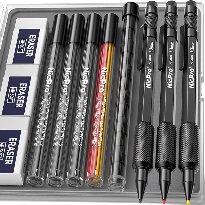 Nicpro 3 PCS 1.3 mm Mechanical Pencils Set with 48 Lead Refill, 3 Eraser | MP2000 Black Weatherproof Metal Barrel, Heavy Duty Carpenter Pencil for Outdoor Construction Marking Drafting and Drawing