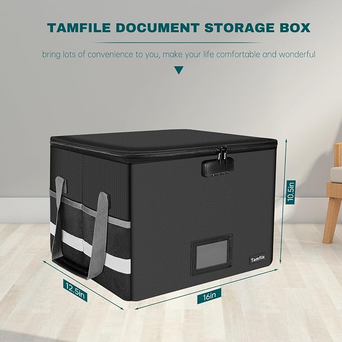 Tamfile Large File Box with lock, 5200°F Fireproof File Box for Documents | fireproof document box with Handle, for Hanging Letter/Legal Folder, Collapsible Filing Box for Home Office