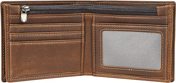 Polare Men's RFID Blocking Cowboy Genuine Natural Crazy Horse Leather Bifold Wallet