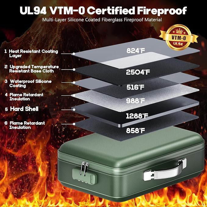 Fireproof Document Box, Hard Case Highly Flame-Resistant Fire Proof Waterproof File Organizer with Lock, Portable Fire Safe for Important Documents & Valuables Storage (Green, ‎16"*12"*5")