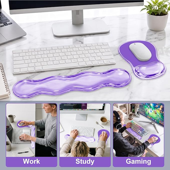 Keyboard Wrist Rest & Ergonomic Mouse Pad with Wrist Rest Set, Cute Transparent Gel Wrist Rest for Keyboard and Mouse, Soft Support for Pain Relief, Office, Gaming Desk Accessories（Purple）