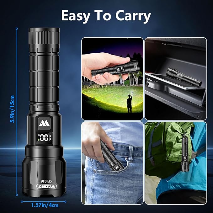 WdtPro Rechargeable Flashlights 2 Pack, Super Bright LED High Lumens Tactical Flash Light with LCD Battery Display, Zoomable 3 Modes, Powerful Handheld Flashlights for Home Emergencies Camping Outdoor