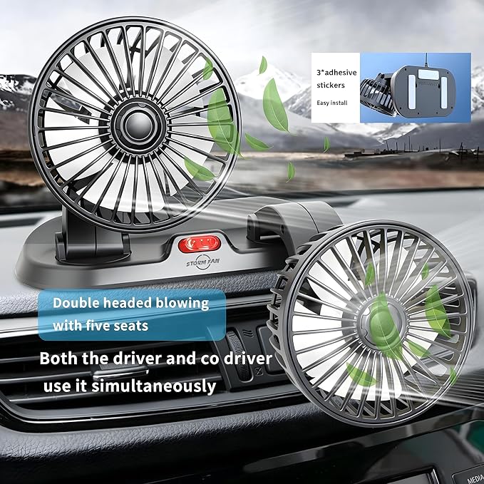 Dual Head 5V Car Fan for SUV Truck RV with No AC,Adjustable Car Cool Fan, Dual Head Design, 2-speed Adjustable, 360° Rotating Portable Car Fan,Powered by USB