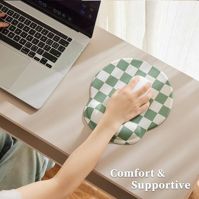 Ohocut Sage Green Checkered Mouse Pad with Gel Wrist Rest, Wrist Support, Ergonomic Desk Accessories for Women, Office Laptop Gaming Decor, Cute Aesthetic Trendy Check Design