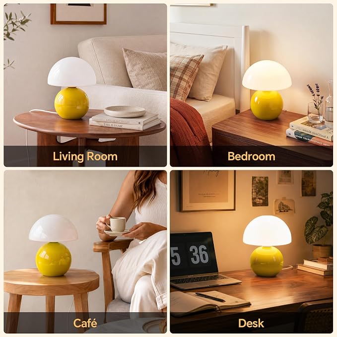 Mushroom Lamp Table Lamp for Bedroom-Small Desk Table Lamps,Yellow | 8.7" Mid Century Modern Table Lamps for Living Room Bedroom Decor,Cute Ceramic Lamps for Mushroom Home Room Decor,Glass Shade