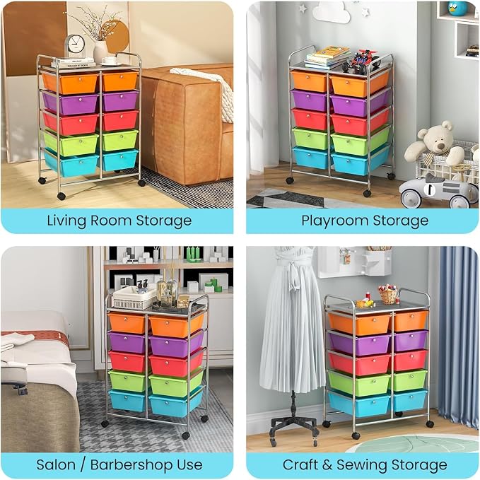 10 Drawer Rolling Cart, Storage Cart Organizer on Wheels, Drawer Cart with Metal Frame & Large Storage Capacity, Rolling Cart with Drawers for Living Room Classroom, Office