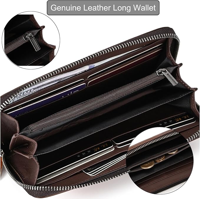 Genuine Leather Long Wallet for Men, Large Capacity Purse Clutch Bag Handbag Checkbook Cash Credit Cards Phone Holder | Large Capacity