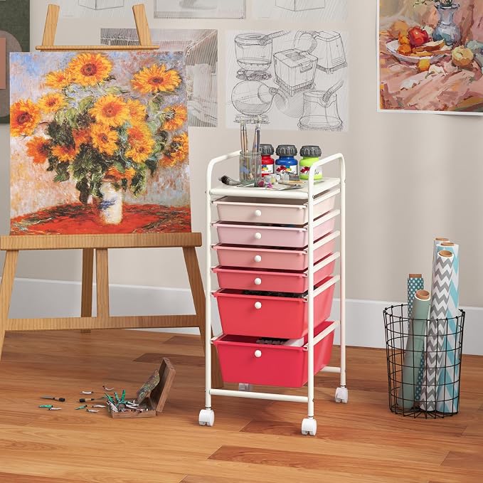 COSTWAY 6-Drawer Rolling Storage Cart, Art Craft Tools Organizer on Wheels | Multifunctional Heavy Duty Utility Mobile Storage Trolley w/ 2 Lockable Wheels for Home Office School (Mixed Pink)