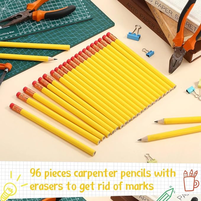 Fainne 96 Pcs Jumbo Pencil with Black Core Cedar Wooden Pencil with Eraser for Carpenters Students Teachers School Construction Woodworkers Beginners Office Workers(Yellow,Classic)