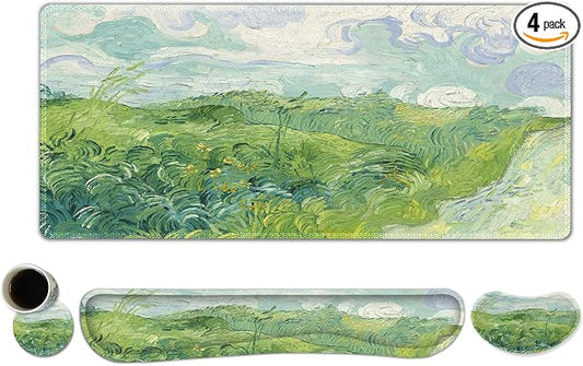 ToLuLu Extended Gaming Mouse Pad, Memory Foam Keyboard Mouse Wrist Rest Set | Large Desk Mat with Stitched Edges, Non-Slip Base Ergonomic Support Mousepad for Home Office Game and Study, Green Theme